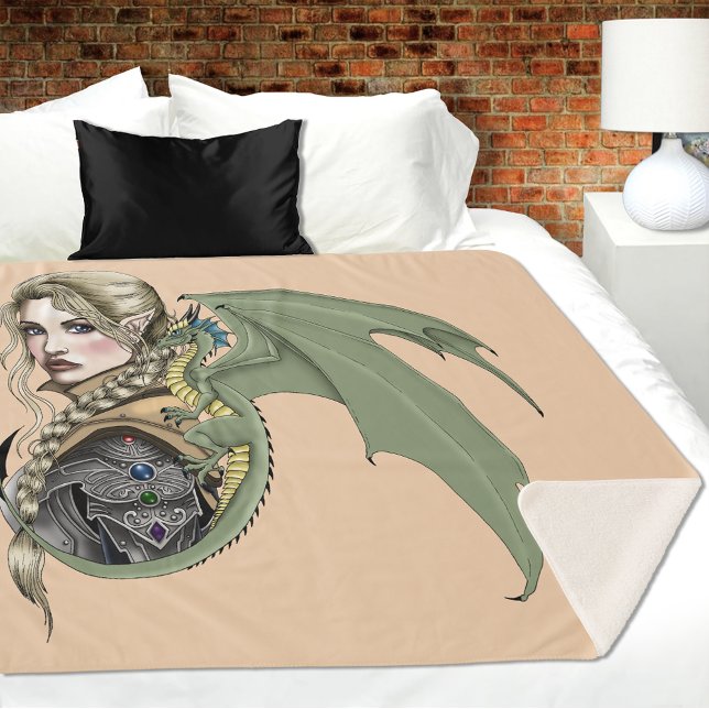 Elf Warrior Dragon Fantasy Magical Medieval Peach Sherpa Blanket (Creator Uploaded)