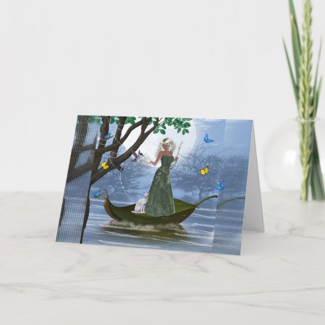 Elf & White Cat riding on a Leaf Fantasy Card (Front)