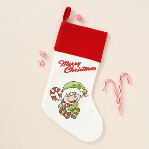 Elf With Candy Cane Christmas Stocking