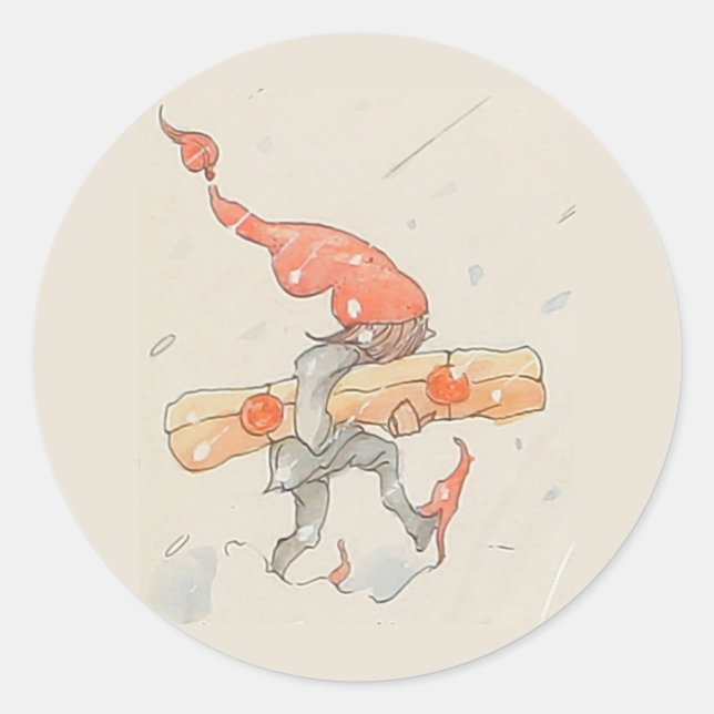 Elf with Christmas present, old illustration Classic Round Sticker (Front)