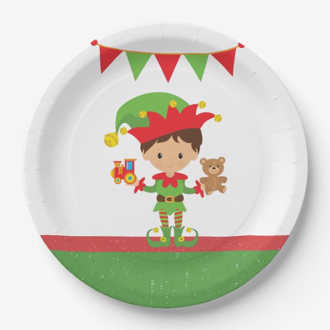 Elf With Gifts and White Background    Paper Plates (Front)