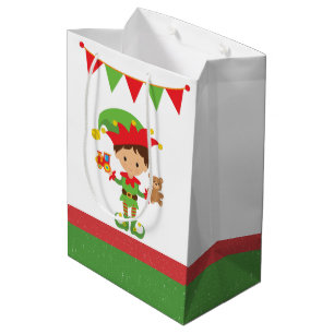 Elf With Gifts and White Background Wrapping Pape Medium Gift Bag