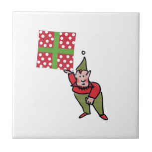 Elf With Polk Dot Gift white small ceramic tile