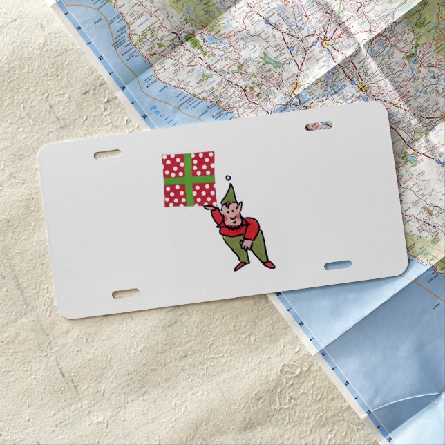 Elf With Polka Dot Gift aluminum car license plate (In Situ)