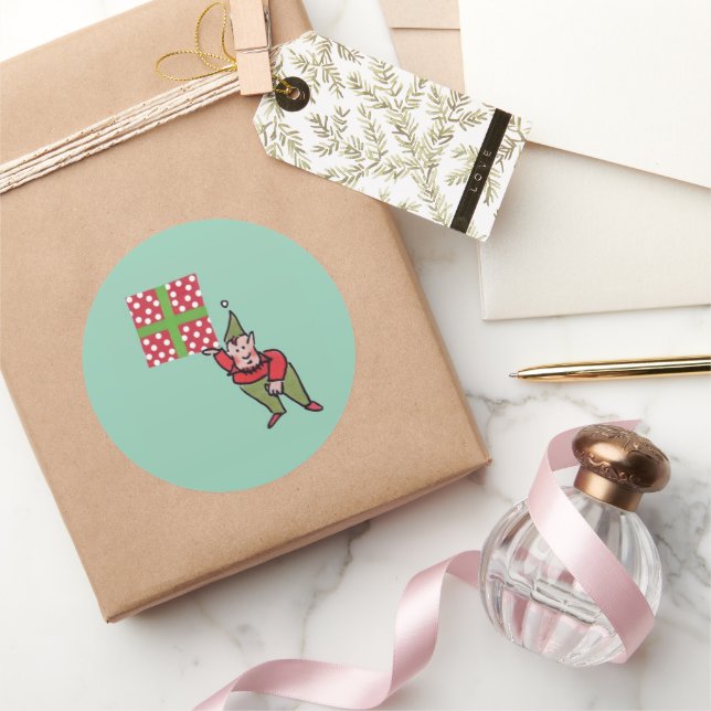 Elf with Polka Dot Gift green round large stickers (Gifting)