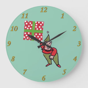 Elf With Polka Dot Gift green wall clock