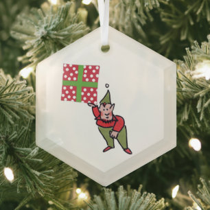 Elf With Polka Dot Gift hexagon glass ornament