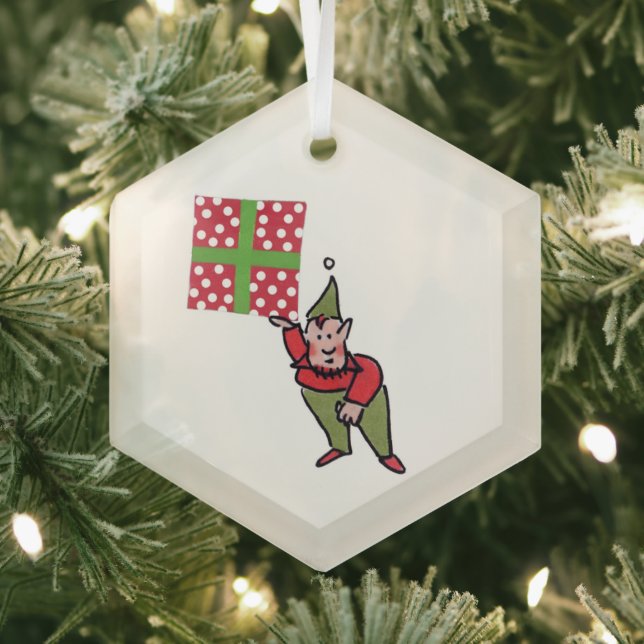 Elf With Polka Dot Gift hexagon glass ornament (Insitu)