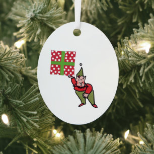 Elf With Polka Dot Gift oval metal ornament