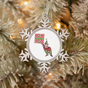 Elf With Polka Dot Gift pewter snowflake ornament