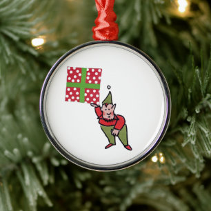 Elf With Polka Dot Gift round premium ornament