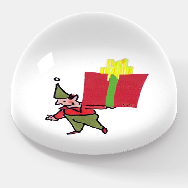 Elf With Red Box glass dome paperweight (Angled)