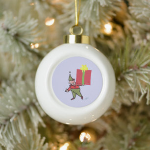 Elf With Red Box purple ceramic Christmas ball Ornament