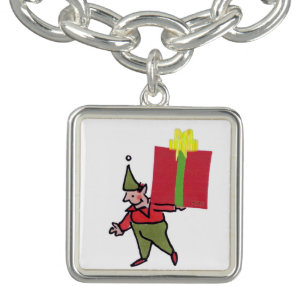 Elf With Red Box white silver sq charm bracelet