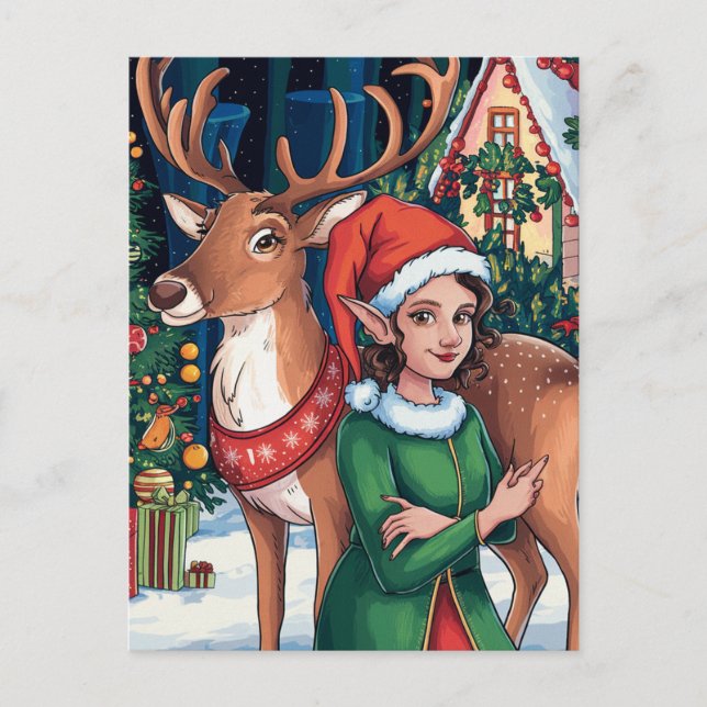 Elf Woman and a Reindeer Postcard (Front)