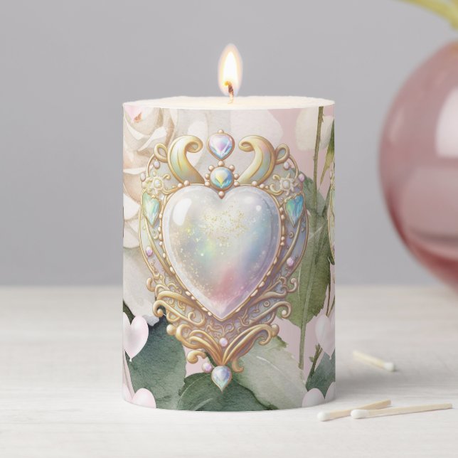 Elfin Jewels on White Roses Pillar Candle (In Situ)