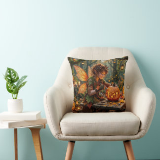 Elfin Pumpkin Carver Halloween Fall Fantasy Throw Pillow