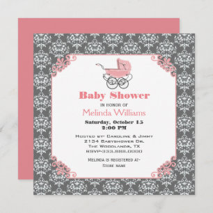 Elgant Damask Pink Stroller Baby Shower Invitation