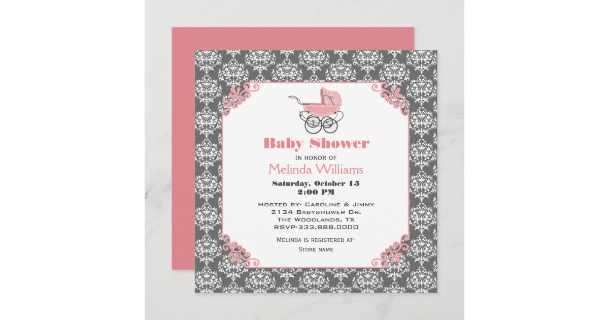 pink and grey damask baby shower invitations