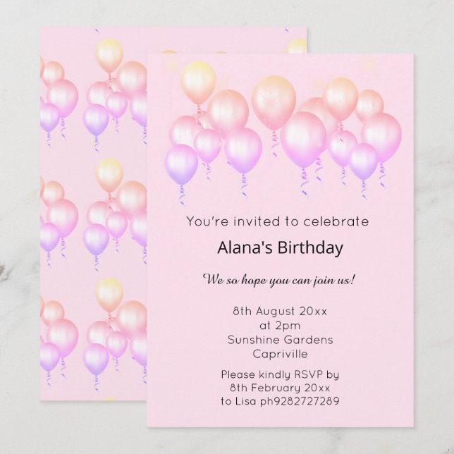 ELGANT MODERN BALLOON PRETTY PASTEL BIRTHDAY INVITATION (Front/Back)