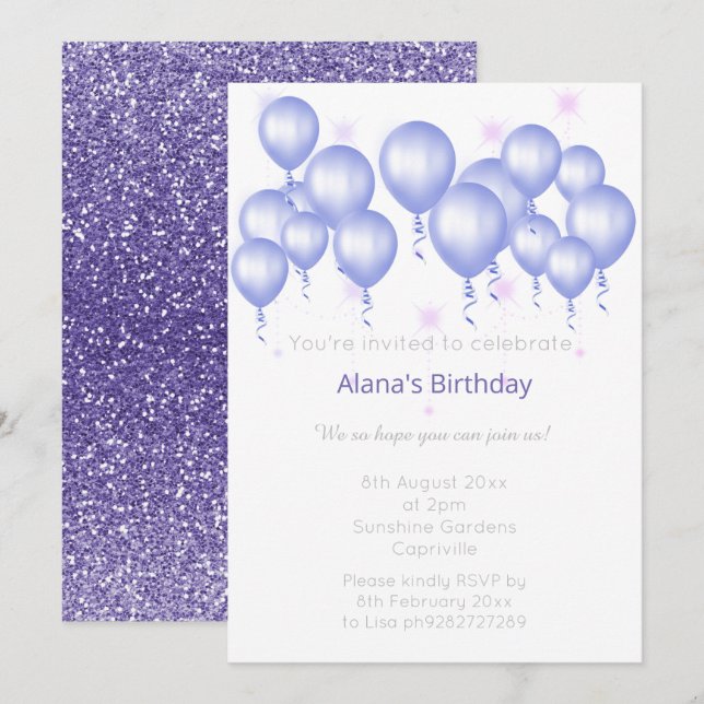 ELGANT MODERN BALLOON PURPLE GLITTER  BIRTHDAY INVITATION (Front/Back)