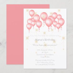 ELGANT MODERN BALLOON ROSE PINK REVERSE BIRTHDAY INVITATION