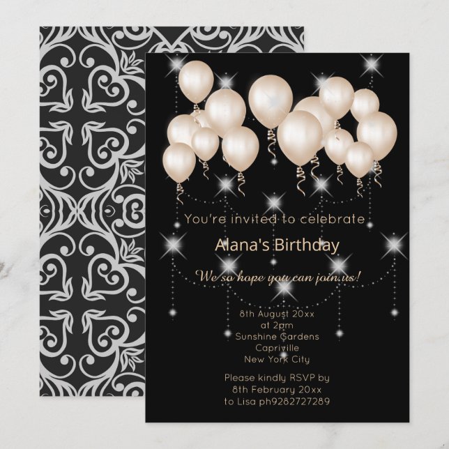 ELGANT MODERN DAMASK BLACK SILVER BALLOON INVITATION (Front/Back)