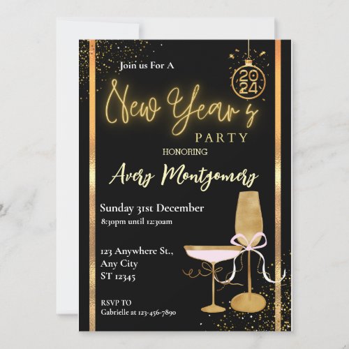 Elgante Black Gold Modern New Year Party  Invitation