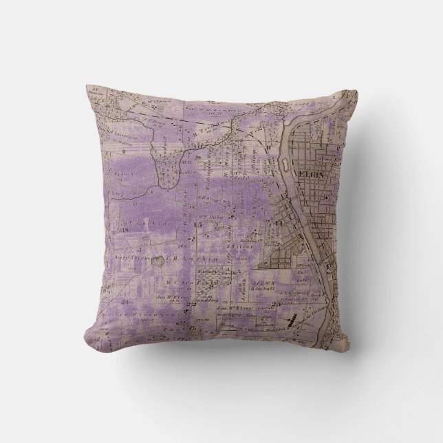 Elgin Illinois 1870 Plat Map Fox River Downtown Throw Pillow (Front)