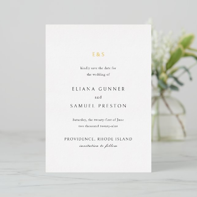 Eliana Monogram Classic Wedding Save the Date Foil Invitation (Standing Front)