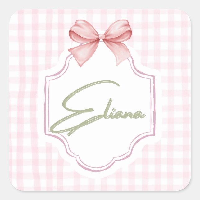 Eliana Personalized Pink Bow & Gingham Print  Square Sticker (Front)
