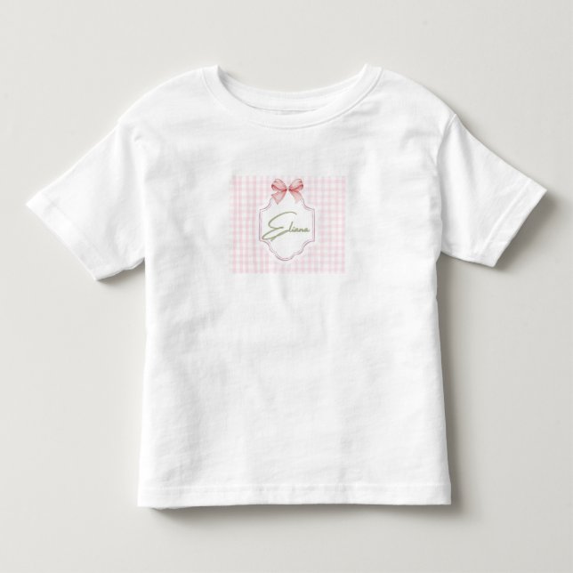 Eliana Personalized Pink Bow & Gingham Print  Toddler T-shirt (Front)