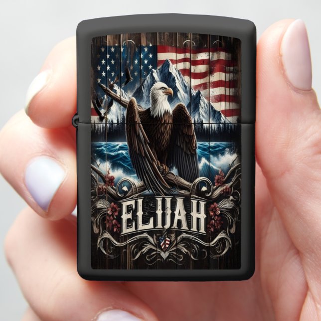 Elijah American Eagle on Wooden Panel Zippo Lighter (In Hand)
