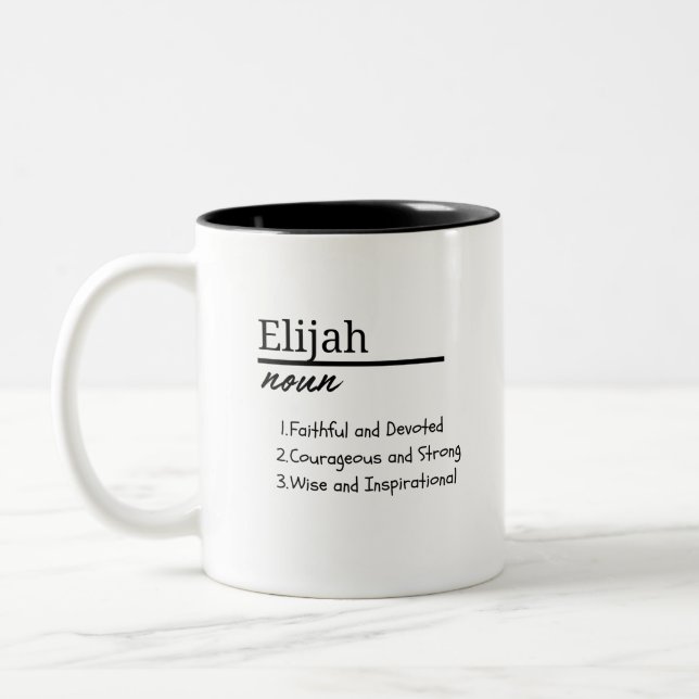 Elijah, Boy Personalised Name Definition Two-Tone Coffee Mug (Left)