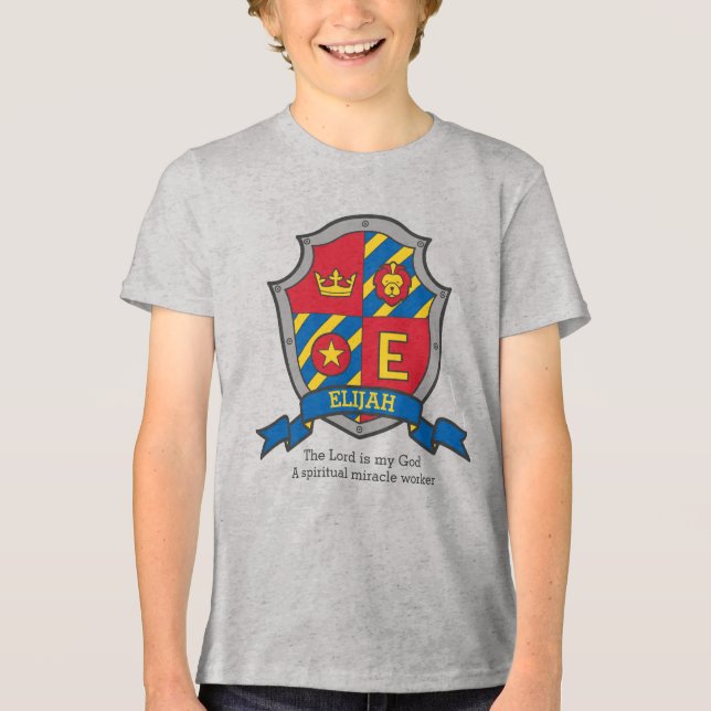 Elijah letter E name meaning boys crested shield Tri-Blend Shirt (Front)