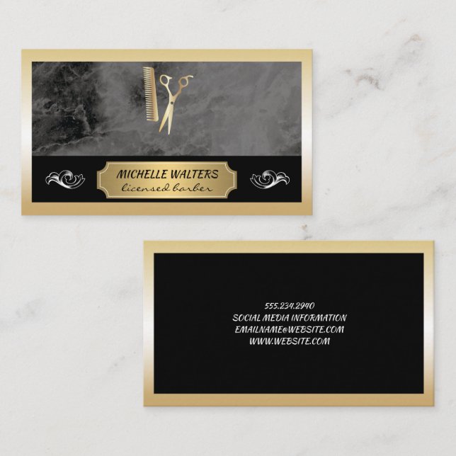 Elite Barber | Black Marble Gold Border Business Card (Front/Back)