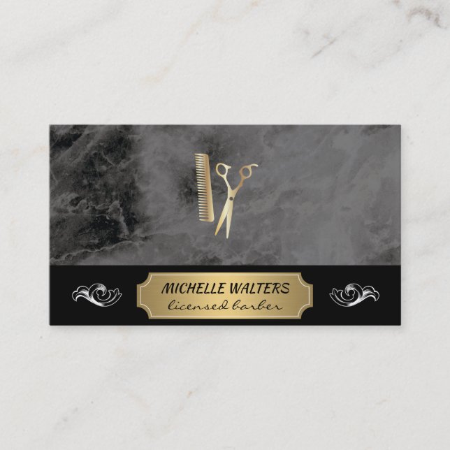 Elite Barber | Black Marble Gold Plated Background Business Card (Front)