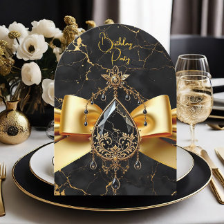 Elite Birthday Black Gold Marble Jewel Invitation