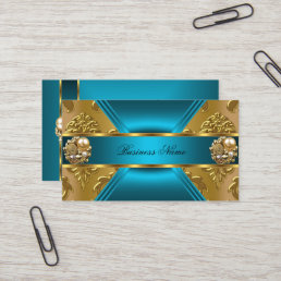Elite Business Teal Blue Gold Damask Jewel Business Card