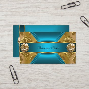 Elite Business Teal Blue Gold Damask Jewel Business Card by Zizzago at Zazzle