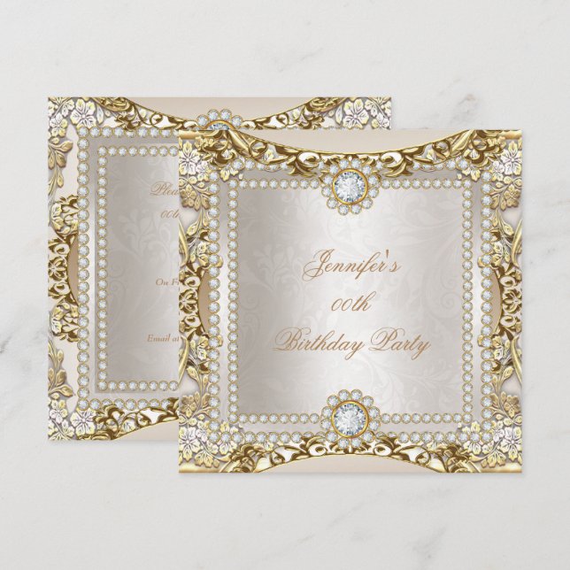 Elite Cream Gold Diamond Damask Birthday Party Invitation (Front/Back)