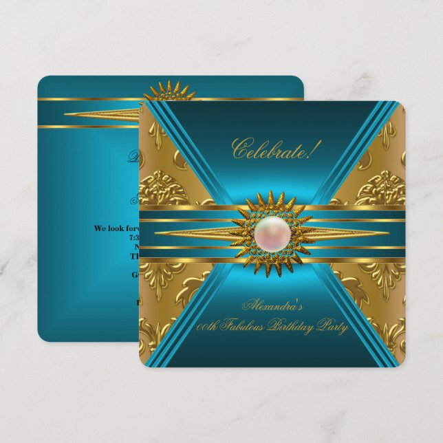 Elite Damask Teal Blue Gold Floral Party 2 Invitation (Front/Back)