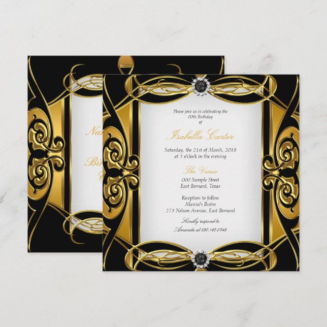 Elite Deco Golden Black Pearl White Birthday Party Invitation (Front/Back)