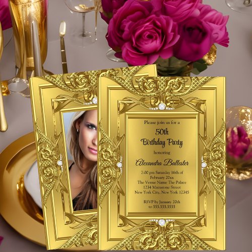Elite Diamond Gold Elegant Birthday Party Photo Invitation