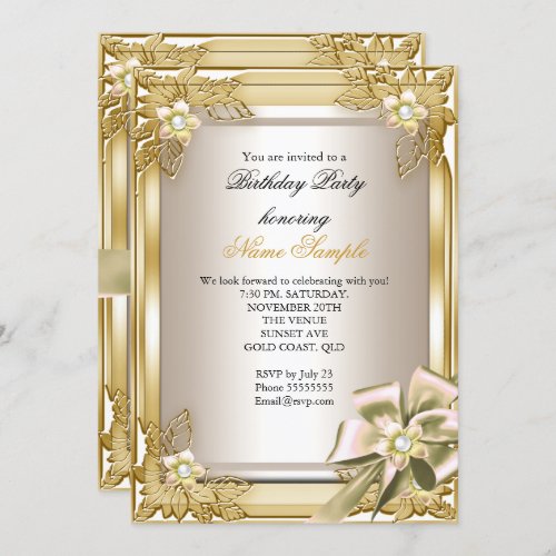 Elite Elegant Birthday Party Gold Cream Bow L Invitation
