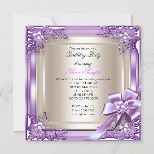 Elite Elegant Birthday Party Purple Cream Bow Invitation (Front)