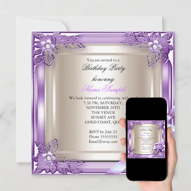 Elite Elegant Birthday Party Purple Cream Bow Invitation Zazzle 5711