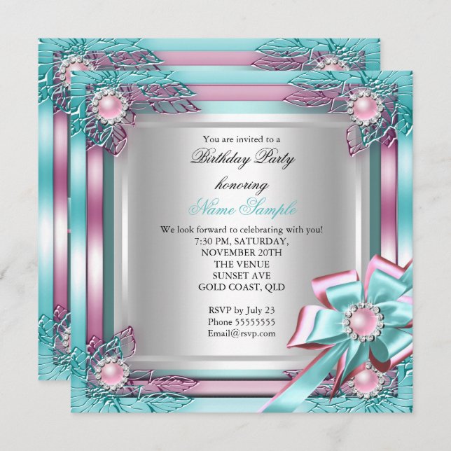 Elite Elegant Birthday Party Teal Pink Silver 2 Invitation (Front/Back)
