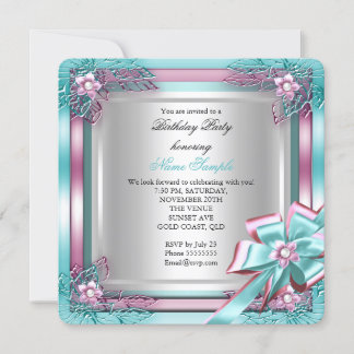 Elite Elegant Birthday Party Teal Pink Silver Invitation