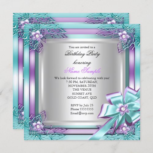 Elite Elegant Birthday Party Teal Purple Silver Invitation